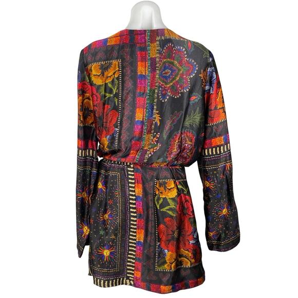 Farm Rio Black Multicolor Mixed Arabesque Scarves Long Sleeve Mini Wrap Dress M - Picture 6 of 10